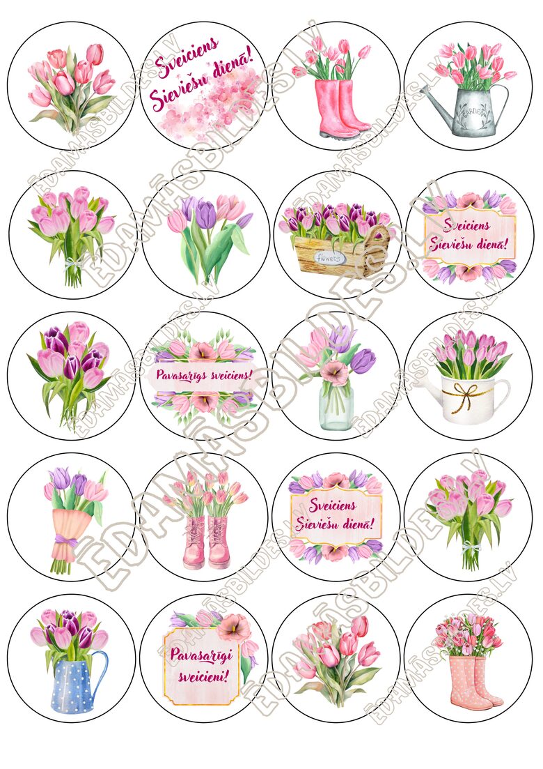 Cukura papīrs ar apdruku "Sieviešu diena", aplīši 5 cm 